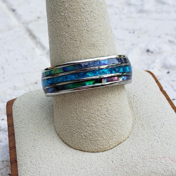 NEW Mens Tungsten Carbide inlaid Shells Blue Opal Statement Ring Gifts Unisex - Picture 15 of 16